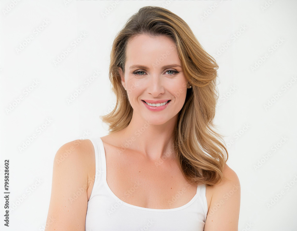 Beautiful natural women wear white tank top, white background.