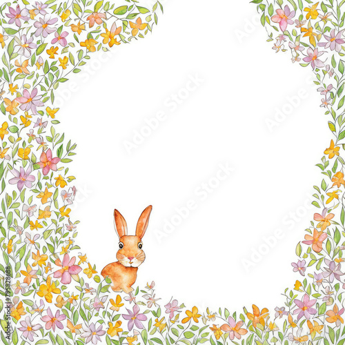 A rabbit is peacefully sitting in a field of colorful flowers, creating a beautiful visual arts display with the artful patterns of circles and rectangles