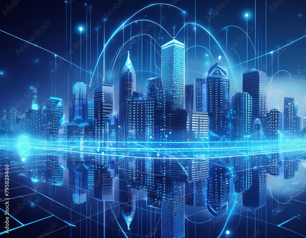 Smart city and big data connection technology concept 3d illustration. Sci-fi Skyline, Blue Neon lights. Wireless digital connection and internet of things future Smart city and big data connection technology concept 3d illustration. Sci-fi Skyline, Blue Neon lights. Wireless digital connection and internet of things future