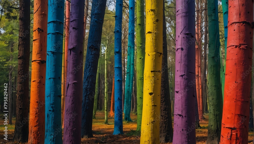 Obraz premium A surreal forest where each tree trunk is painted a different bright color, creating a lively rainbow effect ai_generative