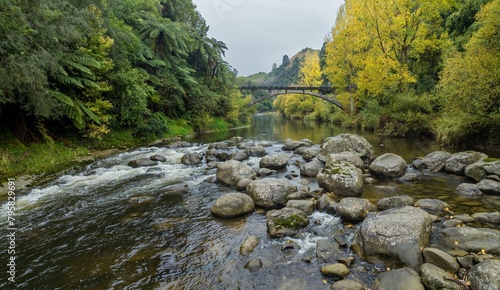 Small rapids in the the Mangawhero River in the countryside. The trees are autumn yellow. A bridge is crossing the river.  Kakatahi, Whanganui, Manawatū-Whanganui, New Zealand. photo