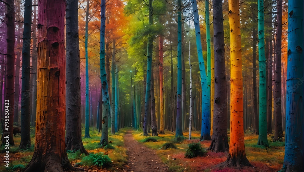  A surreal forest where each tree trunk is painted a different bright color, creating a lively rainbow effect ai_generative