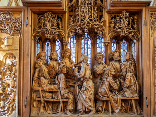 Detail of the wooden carved altar of The Holly Blood by Tilman Riemenschneider in Rothenburg ob der Tauber St. Jakob Church photo