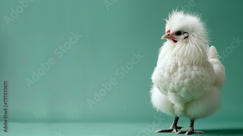 White silkie chickens against a lush green background create an eye-catching image. Perfect for showcasing your farm or promoting organic poultry products, leave room for text. photo
