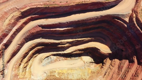 Around open pit copper ore mine in Cobar town of Australia -aerial top down view.
 photo