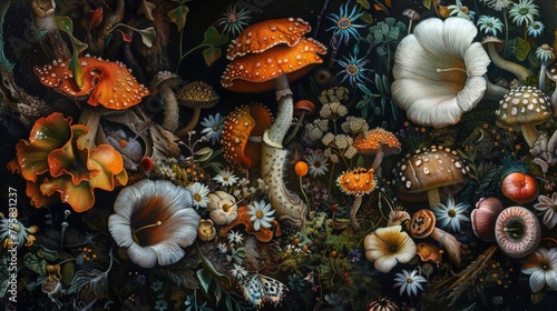 Various mushrooms and plants depicted in artwork