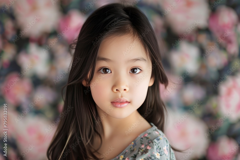 Photo of young Asian girl with flower on background - generative ai Photo of young Asian girl with flower on background - generative ai
