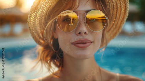 portrait of fashion woman in straw hat in pool