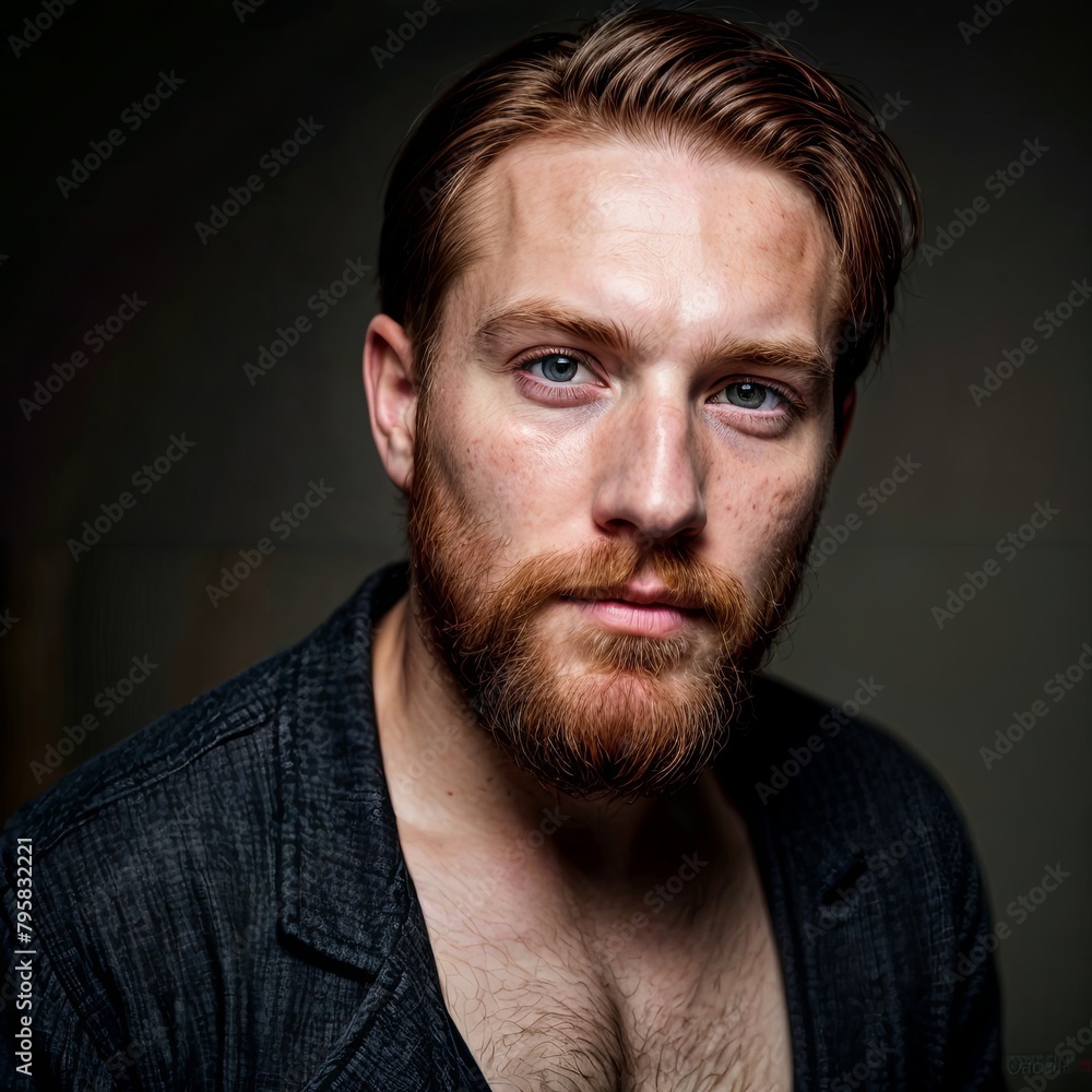 Man with black hair and beard, no expression, staring at camera in dark room Man with black hair and beard, no expression, staring at camera in dark room