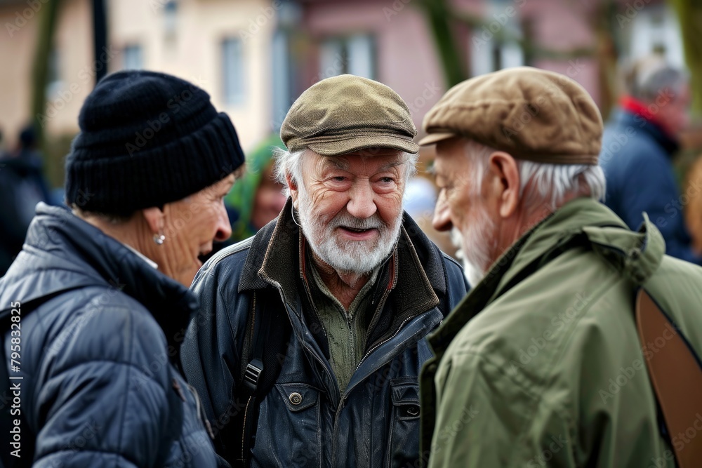 Portrait of a senior man in a cap with his friends. Portrait of a senior man in a cap with his friends.
