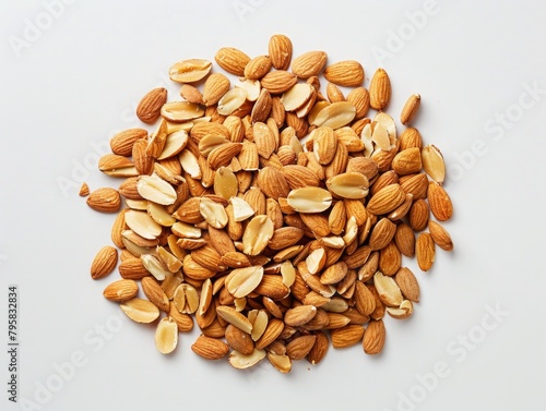 A pile of almonds on a white background. The almonds are scattered and some are broken. Concept of abundance and variety, as there are many different sizes and shapes of almonds