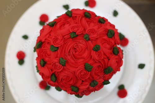 red rose on plate-Chocolate cake with red roses - Valentine's Day cake - Wedding cake