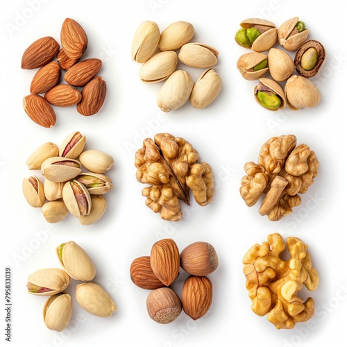 A close up of nuts including walnuts, almonds, and pistachios. The nuts are spread out in a grid pattern