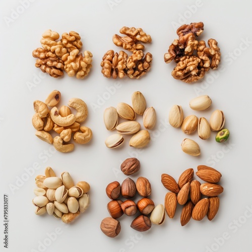 A close up of nuts and seeds on a white background. The nuts include cashews, almonds, walnuts, and peanuts. Concept of abundance and variety