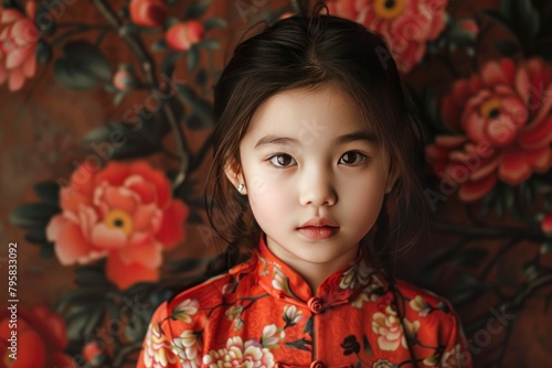 Photo of young Asian girl with flower on background - generative ai