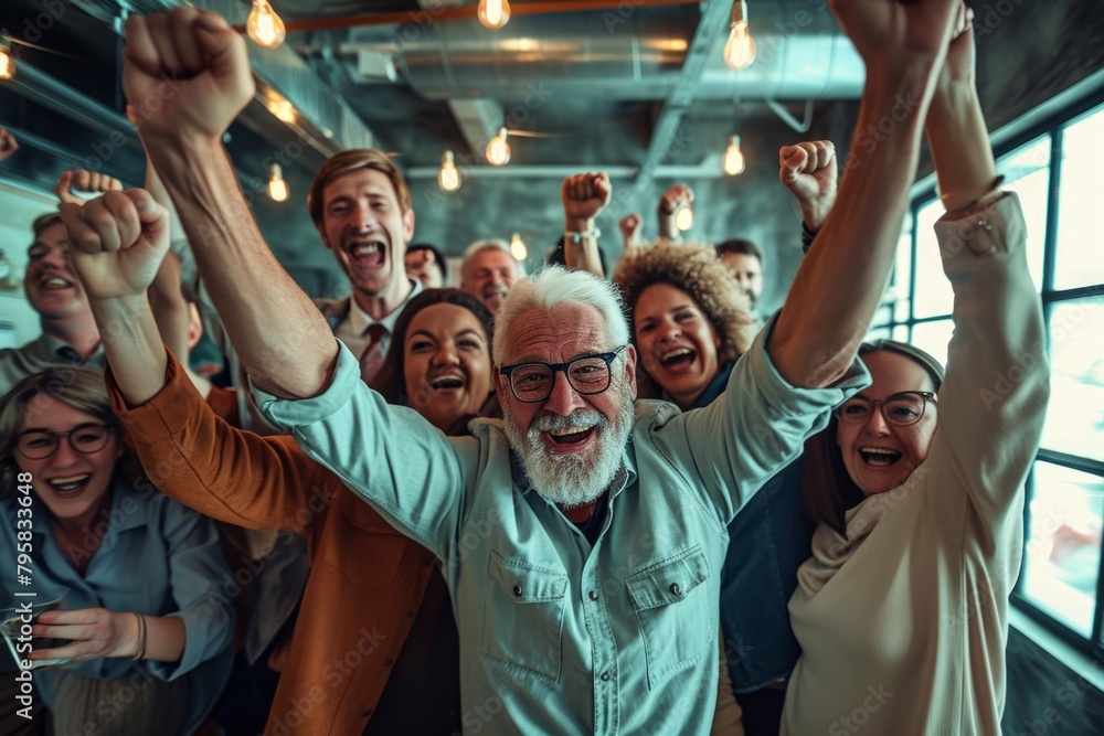 Group of business people celebrating success. Group of business people celebrating success at office.