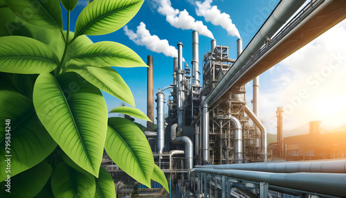 Green industry eco power for sustainable energy saving environmental friendly low carbon footprint. Green factory industry for good environment ozone air low carbon footprint production concept