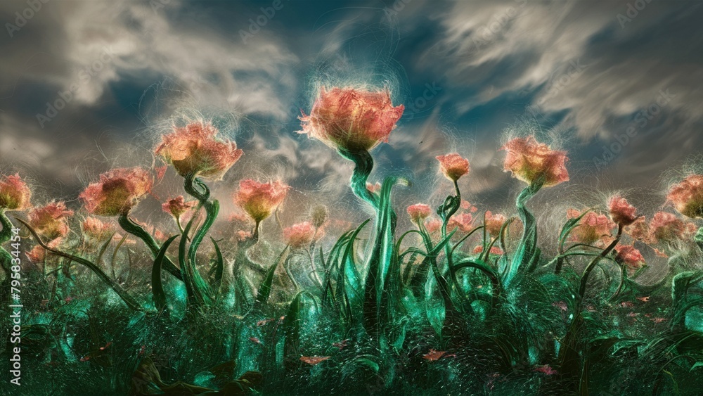 Unearthly landscape in fantasy style. A charming and mysterious atmosphere that captivates you into the cloudy world of colorful dreams. AI generated. Unearthly landscape in fantasy style. A charming and mysterious atmosphere that captivates you into the cloudy world of colorful dreams. AI generated.