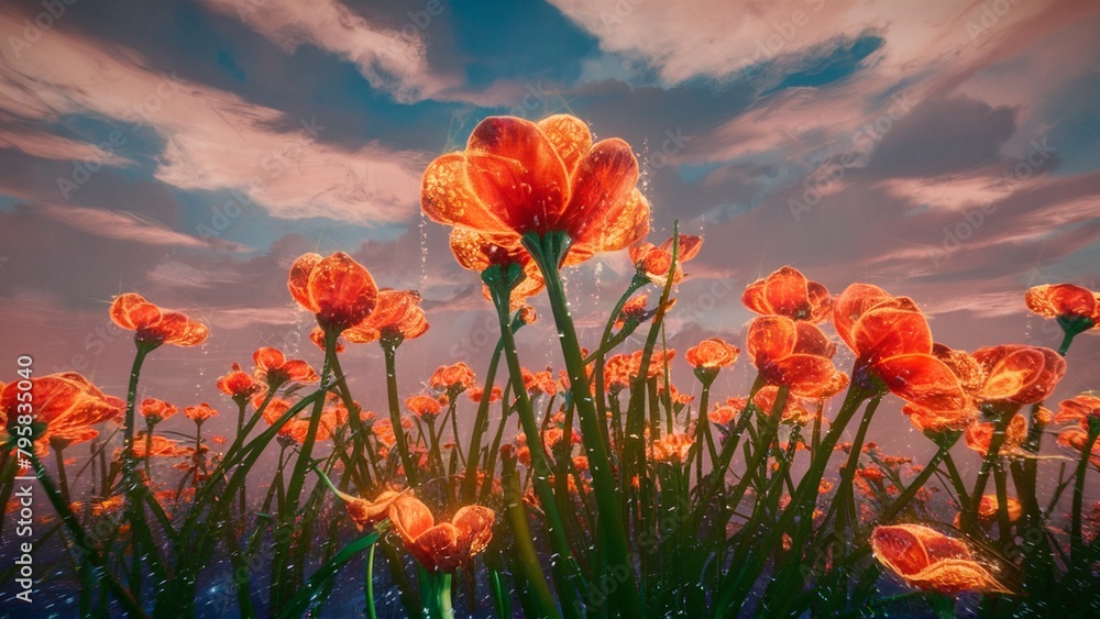 Obraz premium Unearthly landscape in fantasy style. A charming and mysterious atmosphere that captivates you into the cloudy world of colorful dreams. AI generated.