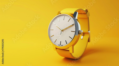 3D Illustration of a Simple Modern Watch over yellow Background.