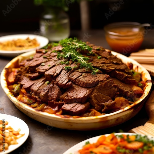 buffet dish combine beef. food 3d rendering, AI generated food concept