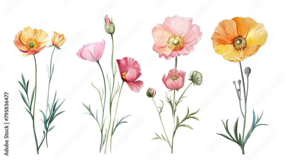 A bunch of pink and yellow flower illustrations. Flower images are ready for you to use for design.