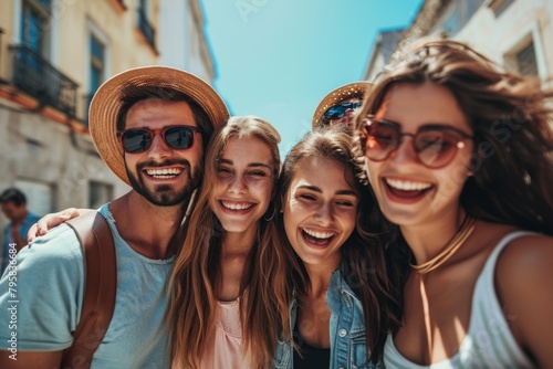 Group of young friends having fun in the city. They are laughing and looking at camera.