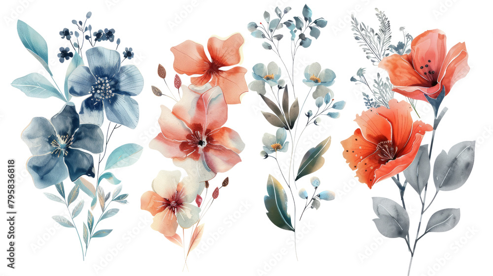 A collection of flowers drawn using watercolor. Draw beautiful flowers to enhance your design.