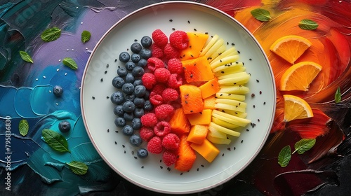 Plate with fresh fruit salad on color background, closeup. Healthy food photo