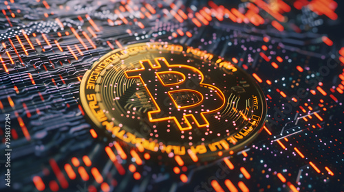 A golden Bitcoin stands out amidst dynamic digital data streams, symbolizing the blend of traditional finance and modern technology in the cryptocurrency world