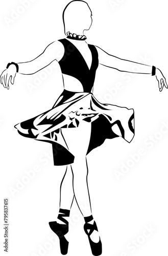 Sketch a beautiful young girl posing ballet, vector art. Black graphic isolated on white background.