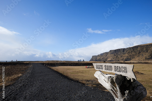Sign showing the way to black beach in Vik Iceland