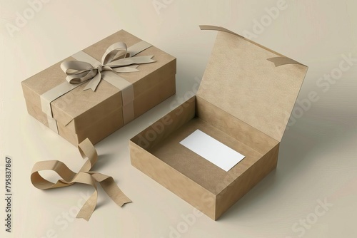 open gift box with brown paper and business card on light background 3d rendering