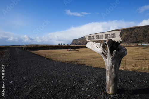 Sign showing the way to black beach in Vik Iceland