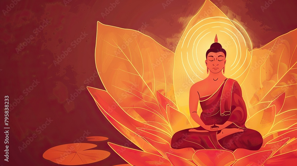 Buddha sitting on a lotus flower, with a halo and golden border around his head, sitting in deep meditation.