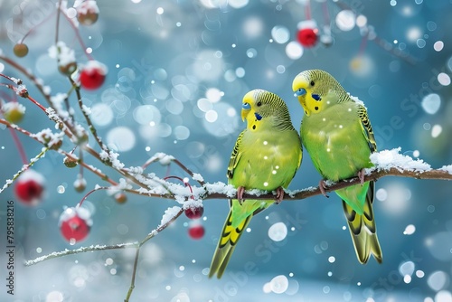 parakeets perched on snowcovered branch winter christmas card background