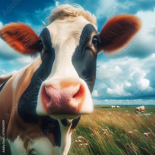 A cow is standing in a field with the sky in the background.