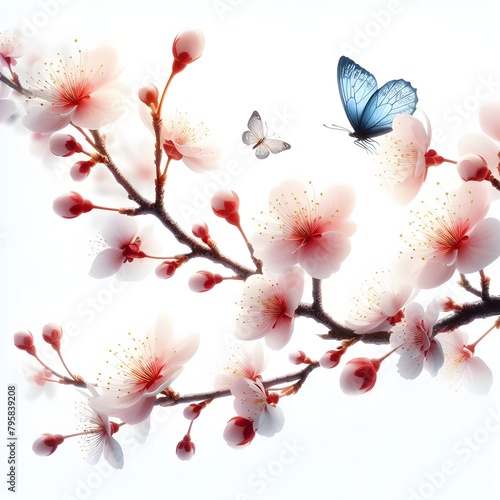On a pure white background, isolated on a white background, close-up of a branch of a blossoming apple tree, in the style of light pink and dark indigo, smooth and stylized, light green and blue, cute