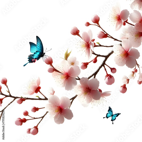 On a pure white background, isolated on a white background, close-up of a branch of a blossoming apple tree, in the style of light pink and dark indigo, smooth and stylized, light green and blue, cute
