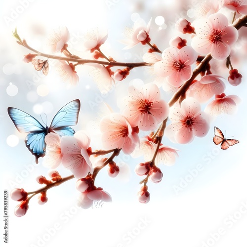 On a pure white background, isolated on a white background, close-up of a branch of a blossoming apple tree, in the style of light pink and dark indigo, smooth and stylized, light green and blue, cute