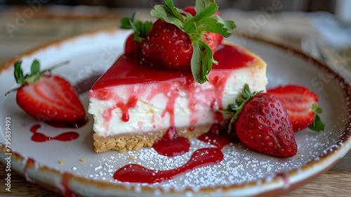 A strawberry cheesecake with a biscuit crust is an irresistible temptation for dessert lovers. Cake with a crunchy biscuit crust and deliciously strawberry texture. © Vagner Castro
