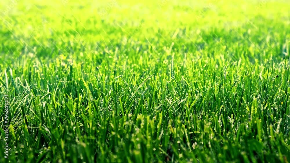 Green grass with raindrops close-up in sunbeam light. Automatic watering of lawn. Natural background. Nature freshness and purity. Smell of cut grass and ozone rain. Perspective angle. Sport field Green grass with raindrops close-up in sunbeam light. Automatic watering of lawn. Natural background. Nature freshness and purity. Smell of cut grass and ozone rain. Perspective angle. Sport field