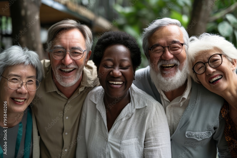 Group of diverse senior friends laughing together as they relax together at home