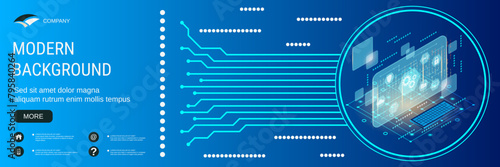 Digital technology banner vector design template. Artificial intelligence, digital mind flat 3d isometric concept