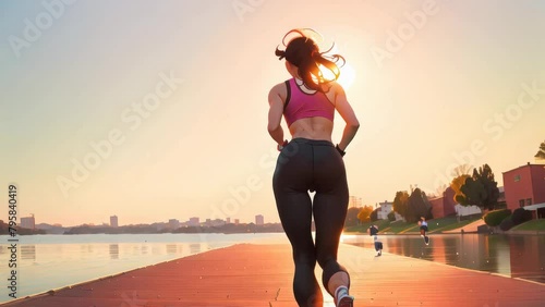 A young athletic girl runs along the pantone along the lake in black sneakers and leggings against the sunset Slow motion Overall plan seamless loop animation photo
