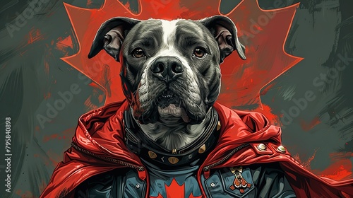 cartoon black and white pitbull wearing captain canada armor, comic style  photo