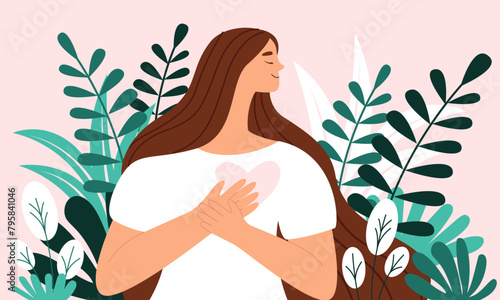 Vector illustration of a woman holding a heart in her hands. Self-love, self-care and self-acceptance concept in flat style. Concept of self-love, self-care, positive thinking.