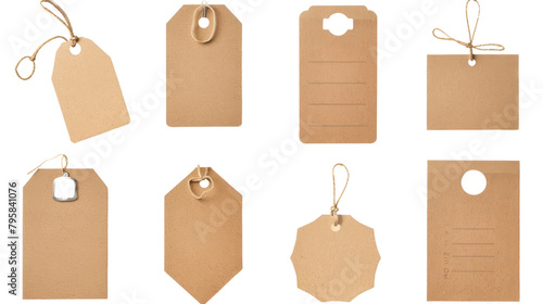 Various shapes of price tags in a transparent background. Eco-friendly paper price tags that are biodegradable. A set of price tags.