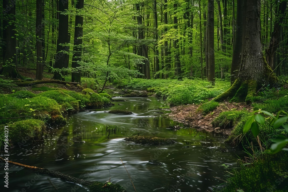 serene forest river flowing through lush green woodland landscape photography