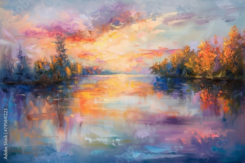 serene lake reflecting vibrant sunrise colors oil painting © Lucija